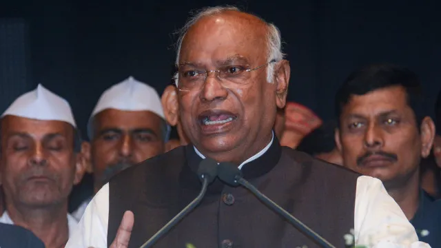 Mallikarjun Kharge speaking at a Congress event in Patna, Bihar.
