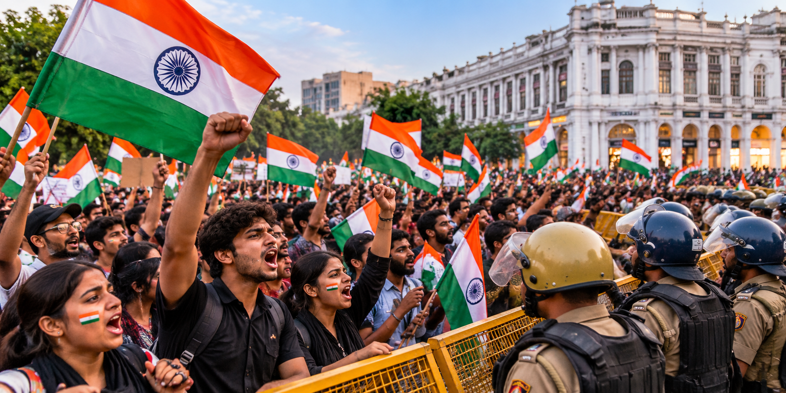Young protesters holding Indian national flags during a Delhi demonstration.