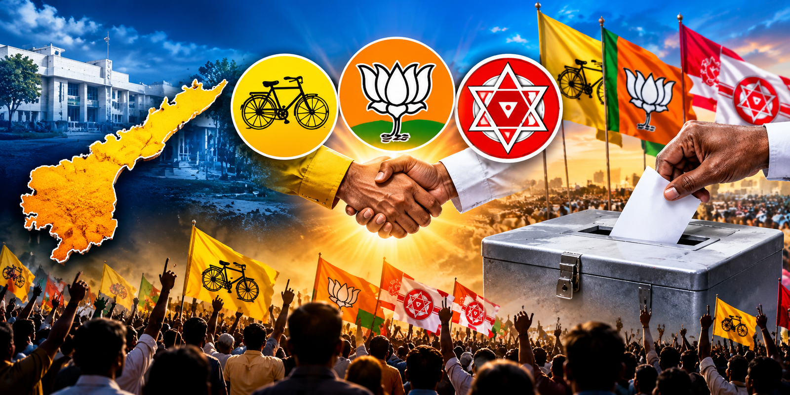 Political alliance leaders discussing seat sharing in Andhra Pradesh local elections.