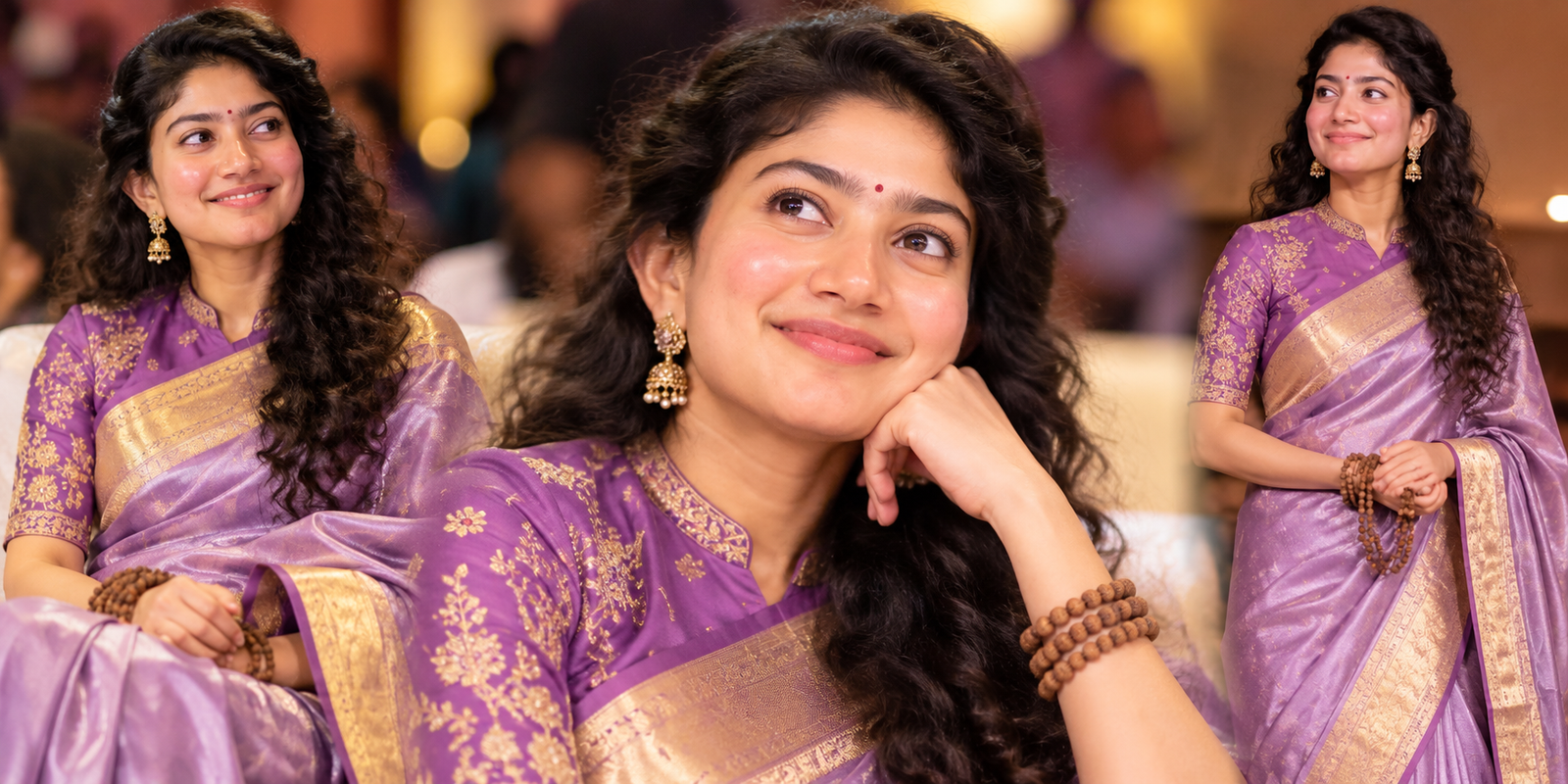 Sai Pallavi in a purple lavender tissue silk saree at Ramayana event.