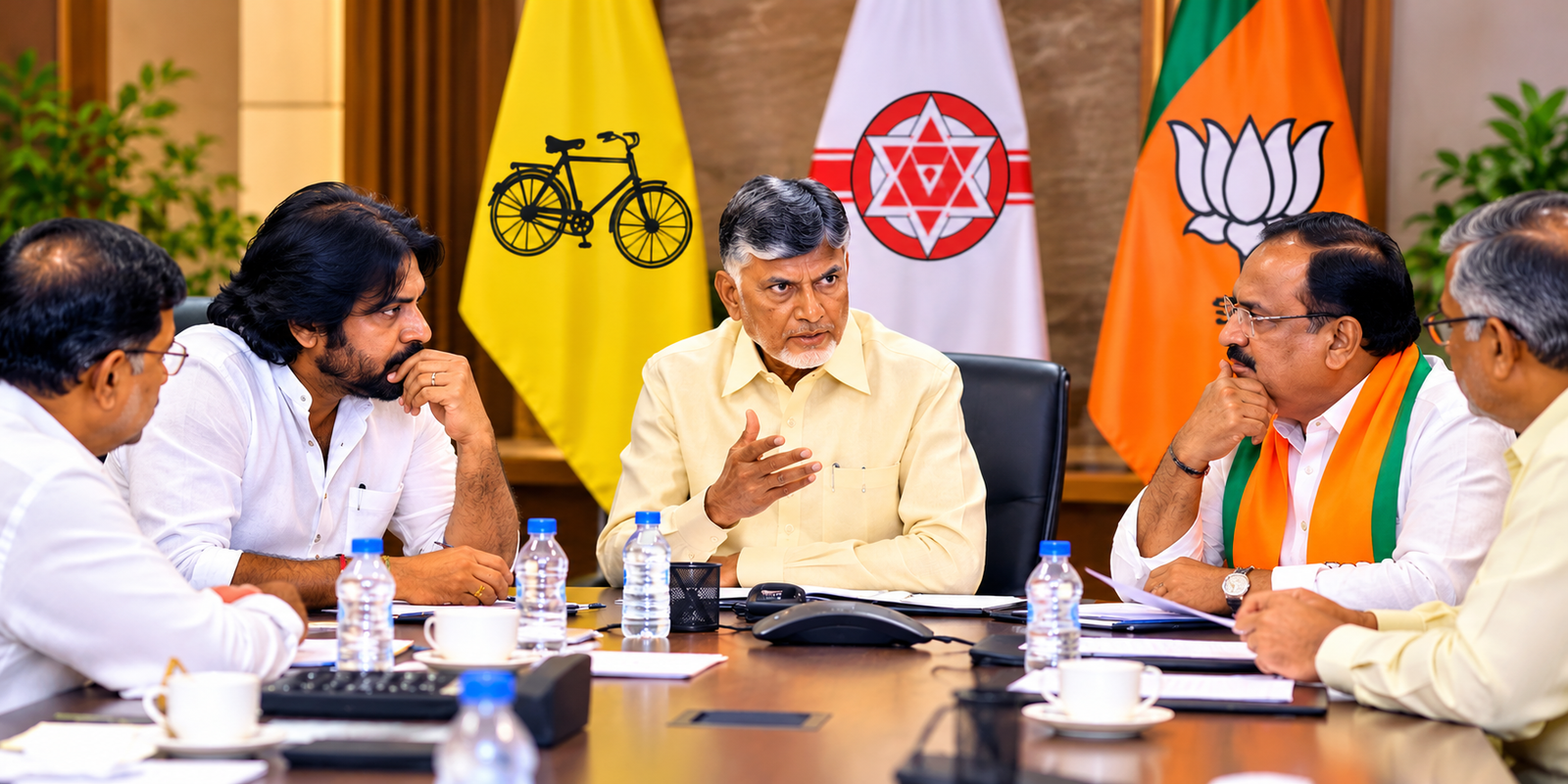 TDP, Jana Sena and BJP leaders discuss seat sharing in Amaravati.