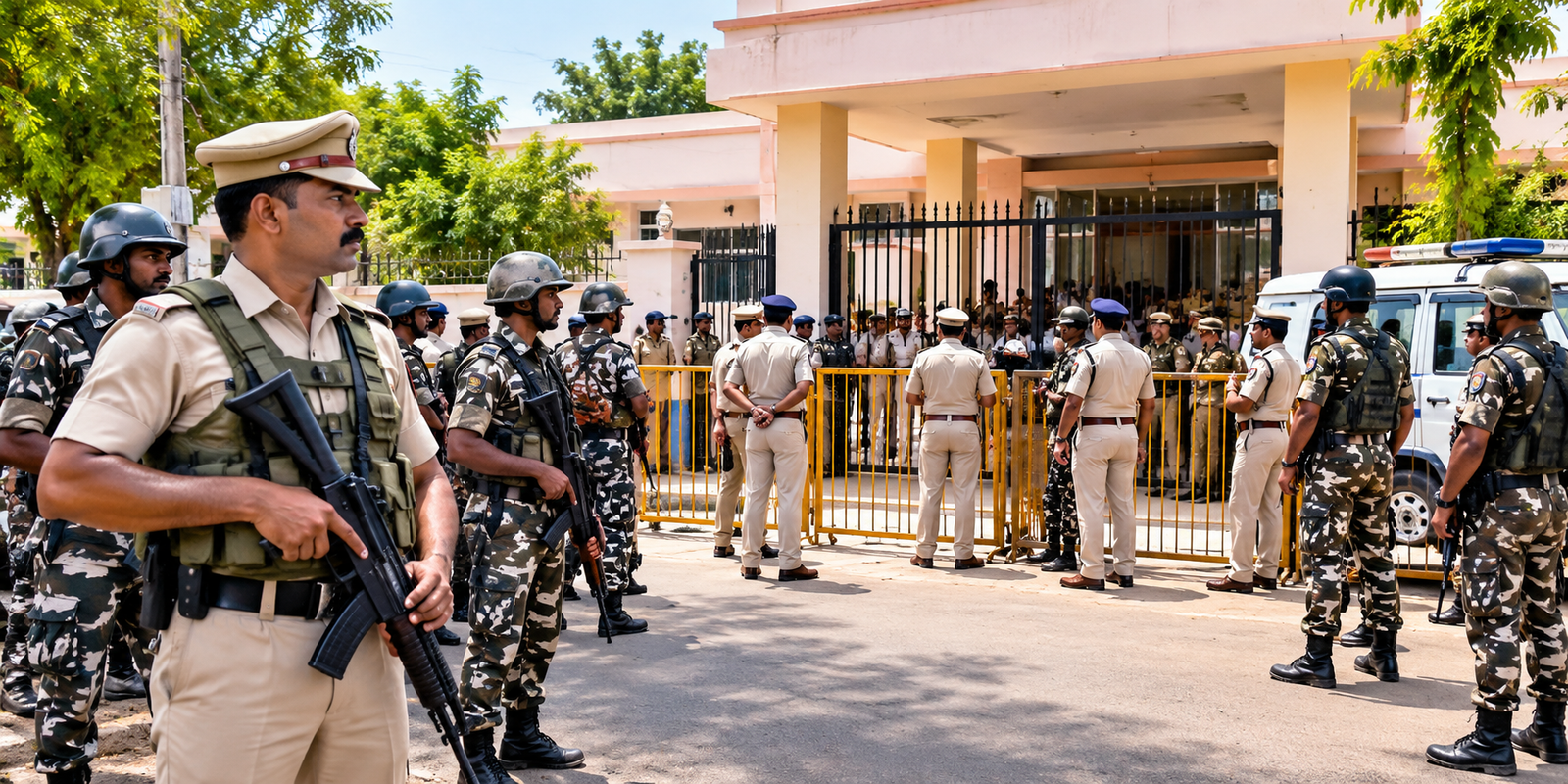 Police personnel deployed near nomination centres in Rayachoti.