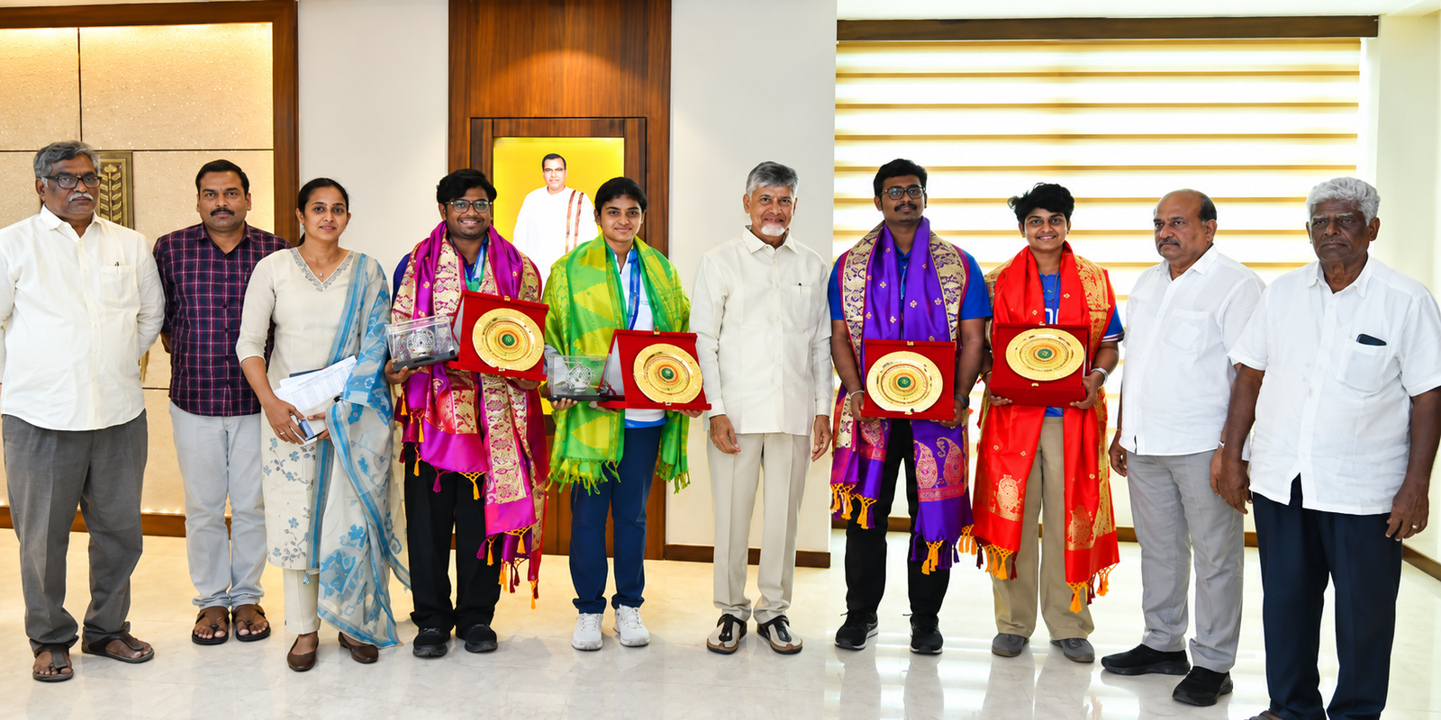 Chandrababu Naidu congratulating Andhra Pradesh Asian Games winners