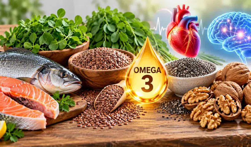 Flaxseeds, chia seeds, walnuts and leafy greens rich in nutrients.
