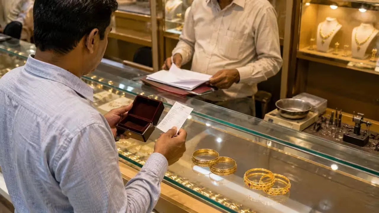 Customer checking the hallmark and HUID code on gold jewellery.