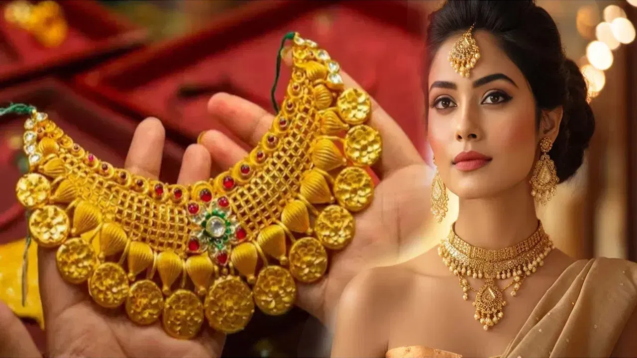 Gold and silver jewellery displayed at a jewellery store.