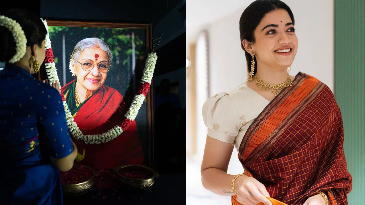 Rashmika Mandanna in MS Blue Kanjeevaram saree for biopic