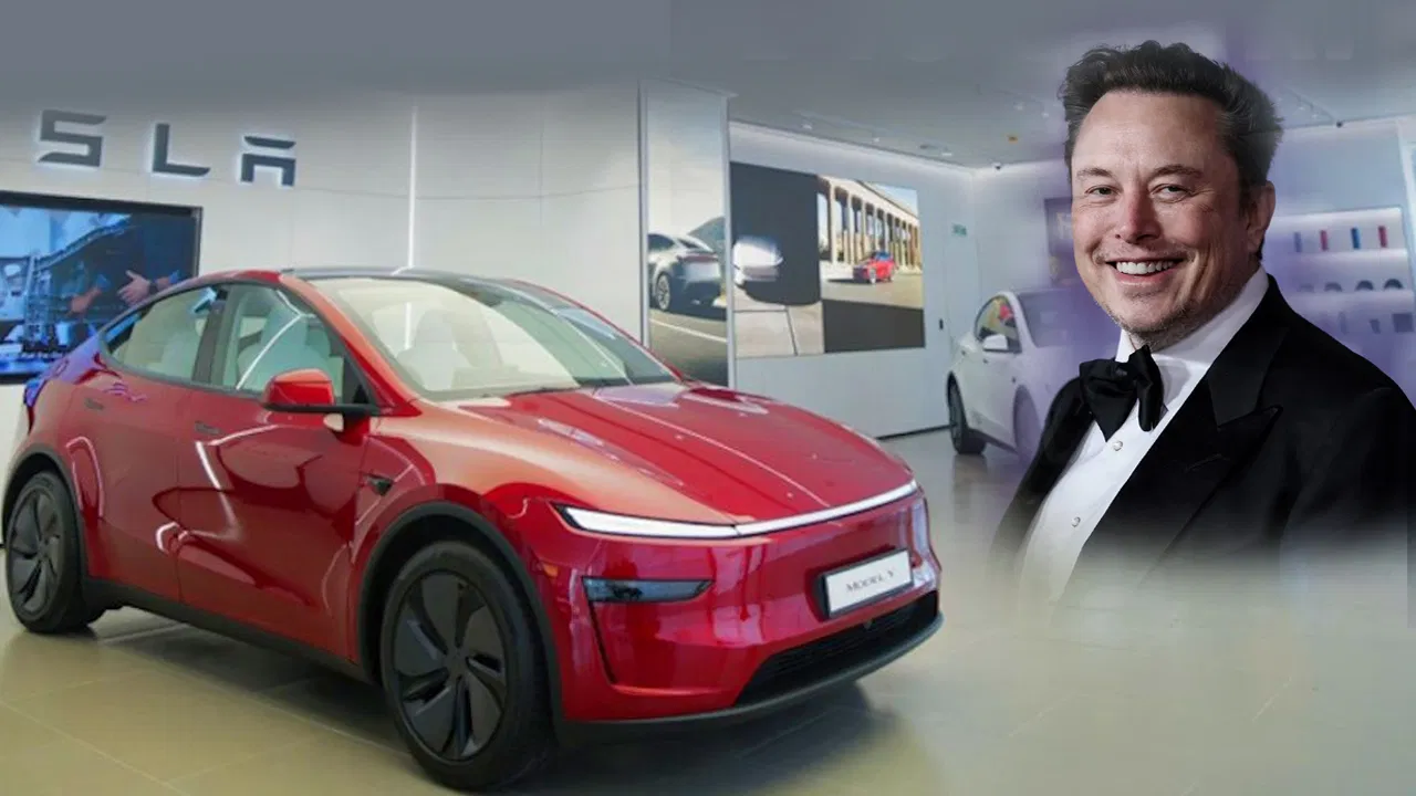 Tesla electric car displayed at the company's Mumbai showroom.