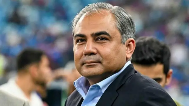 Mohsin Naqvi with trophy during India Pakistan cricket event